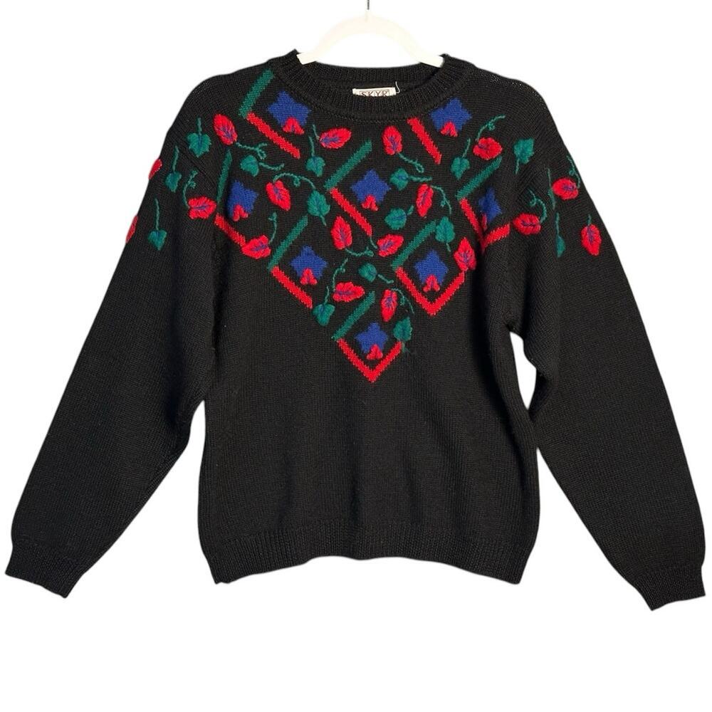 Skyr Vintage 100% Wool Floral Sweater Sz L Pullover Crewneck 3D Knit 80s 90s